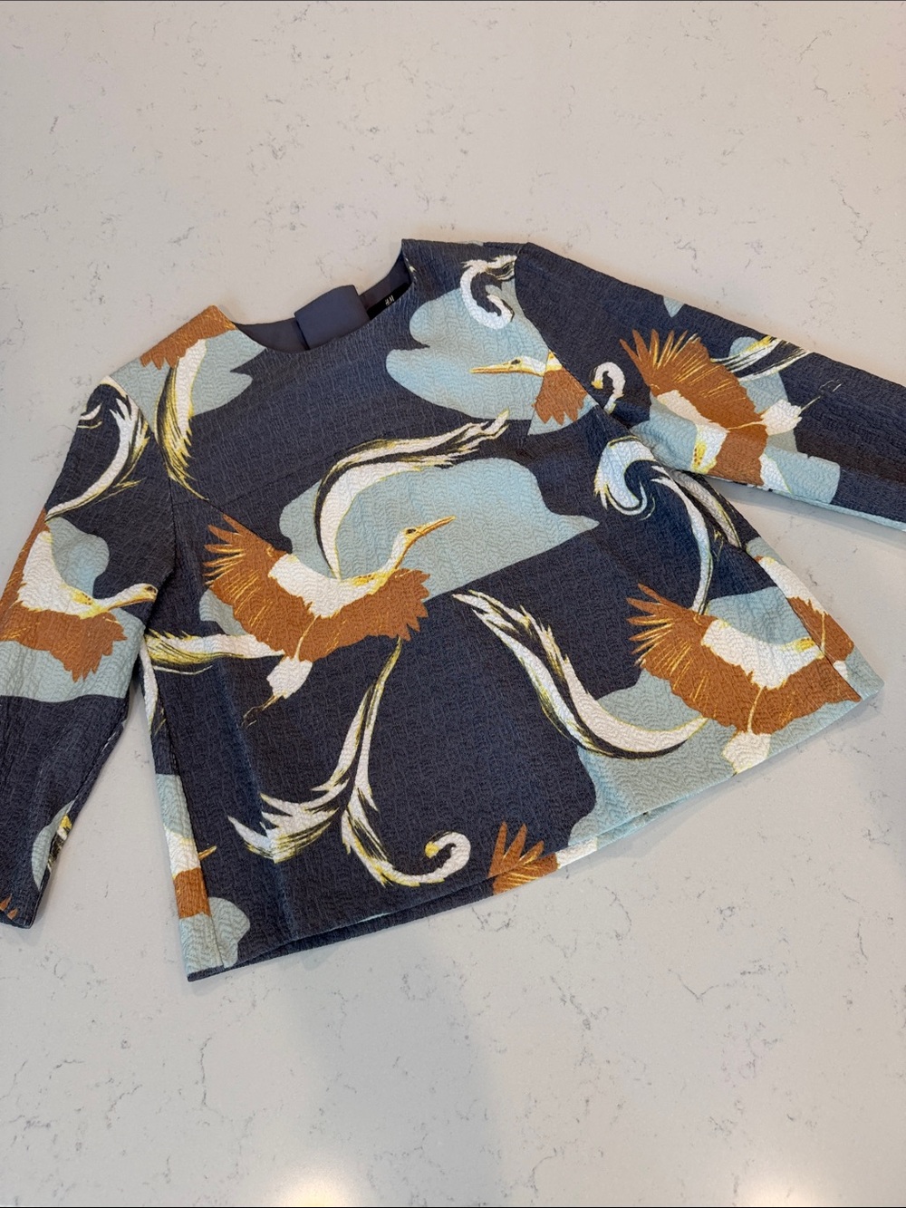 H&M Navy Crane Print Long Sleeve Top with Brown & Light Blue